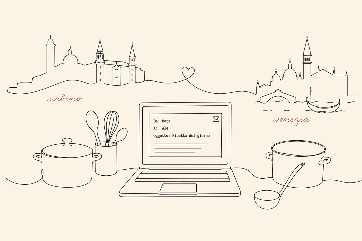 Illustrazione a tratto: Urbino e Venezia unite da un cuore, un portatile con una mail di Mara e strumenti di cucina